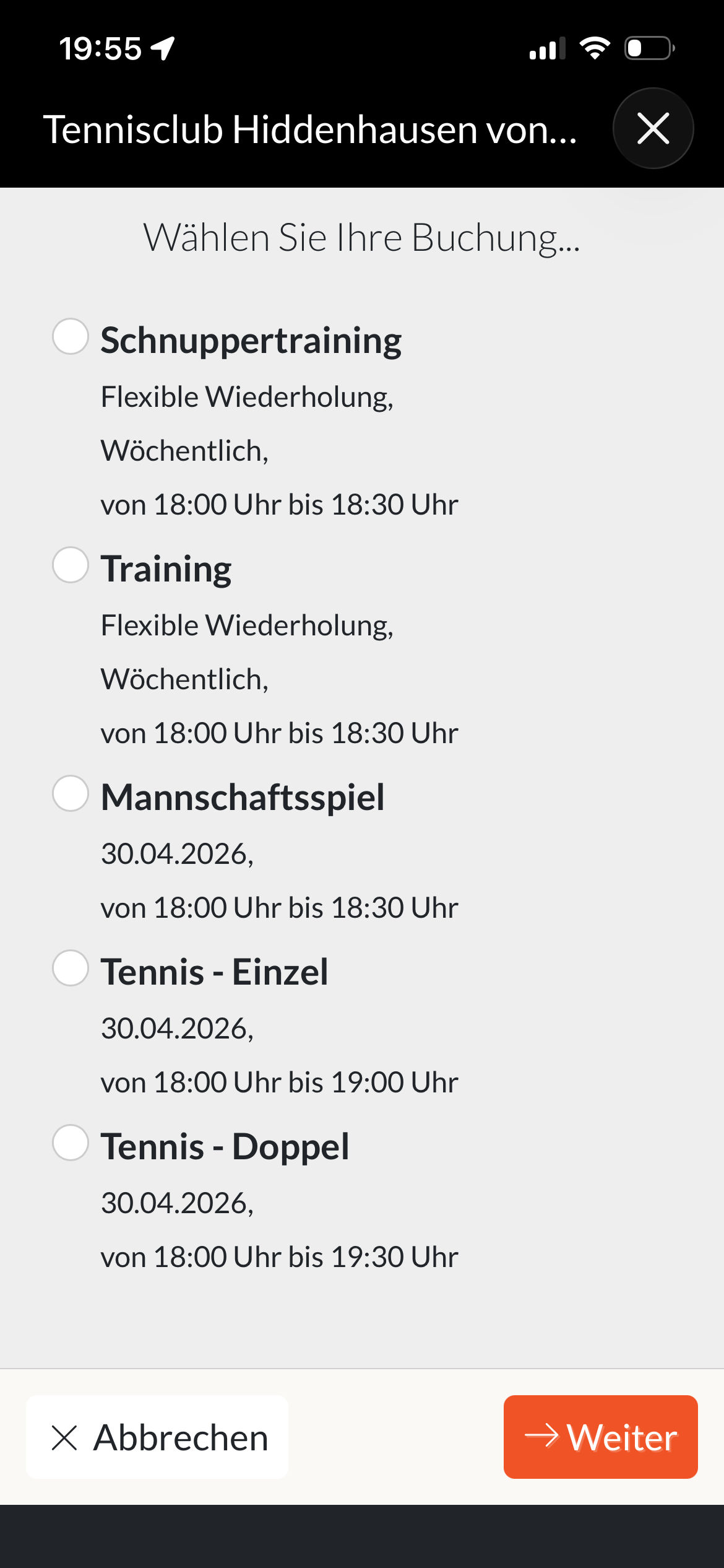 Buchungsart in eBuSy auswählen